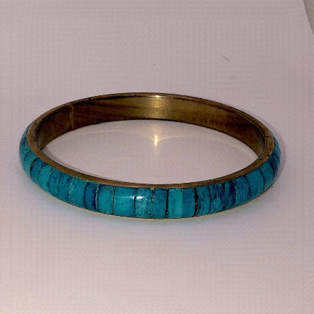 Vtg Turquoise Blue Dyed Bone Inlay Inlaid Brass Bangle 8” / 2.6” Diameter